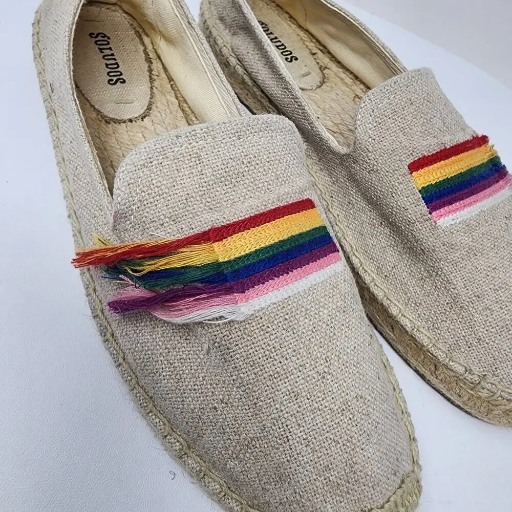 Soludos Rainbow Smoking Slipper Women 10 Cream Canvas Rainbow Espadrille